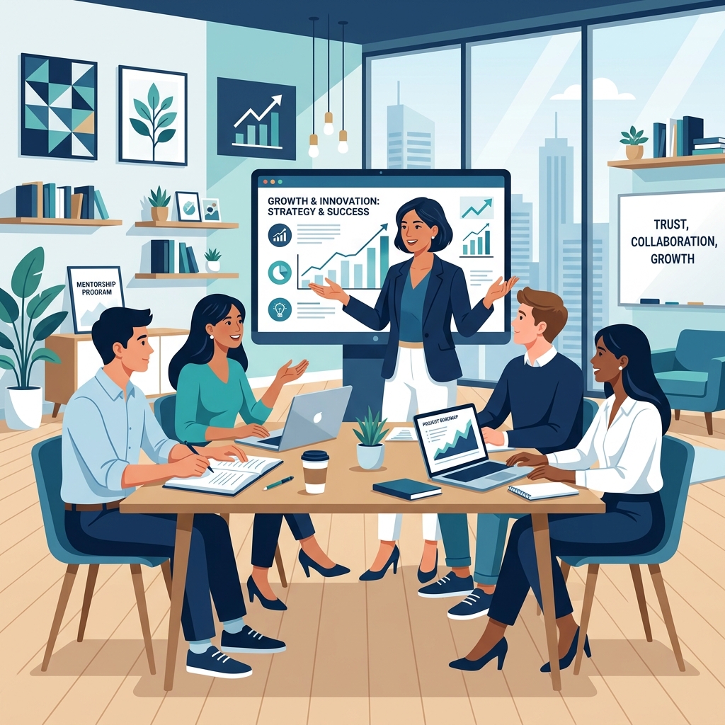Specialized mentors guiding students in classroom illustration